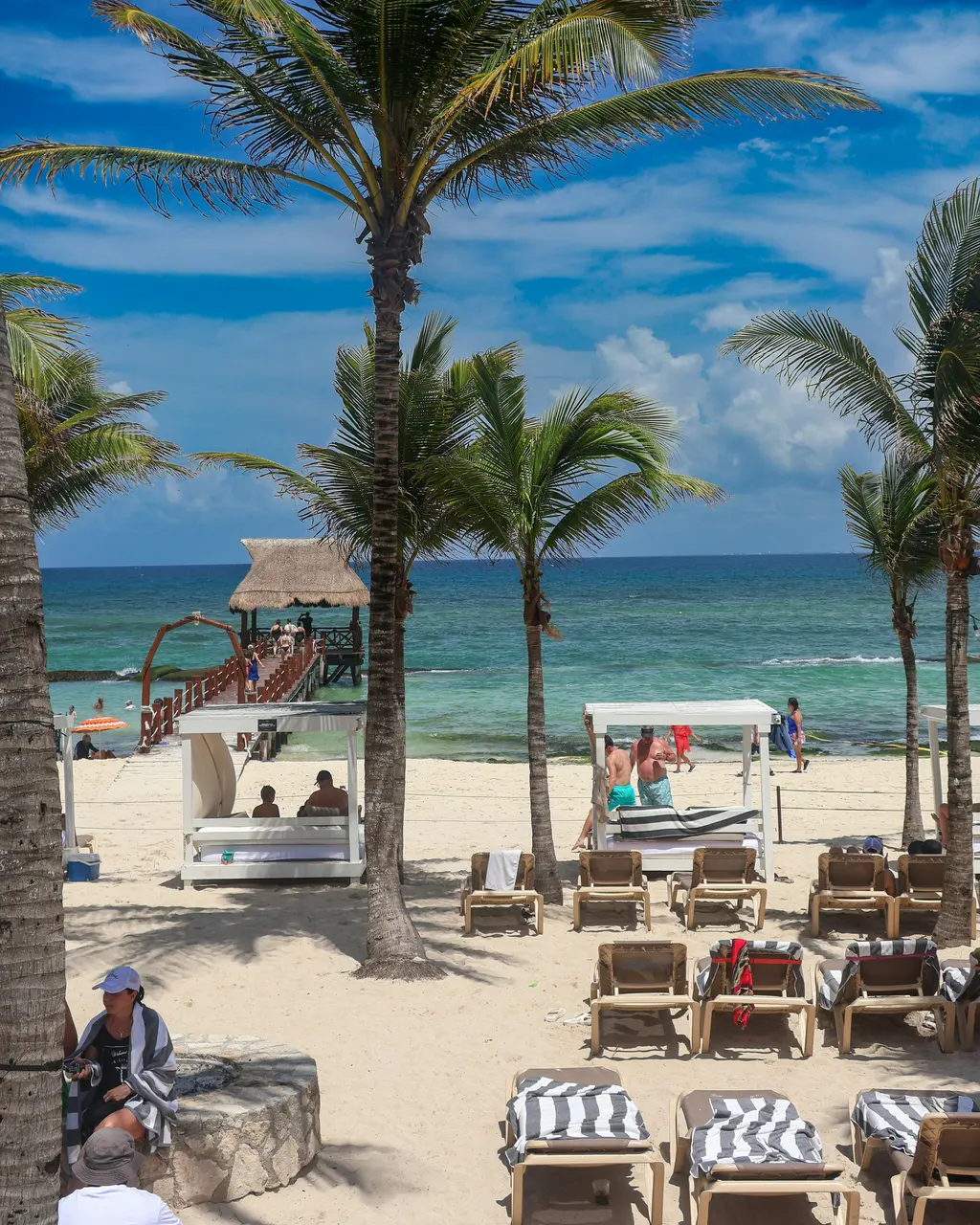 Beach with palm trees and loungers in Playa del Carmen