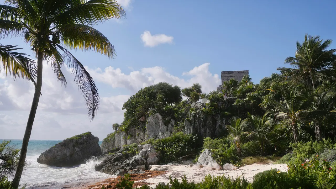 Tulum archaeological site on the cliff above the Caribbean